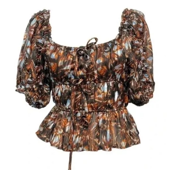 House of Harlow 1960 Top Brown Metallic Square Neck Puff Sleeve Size Small - Picture 1 of 10